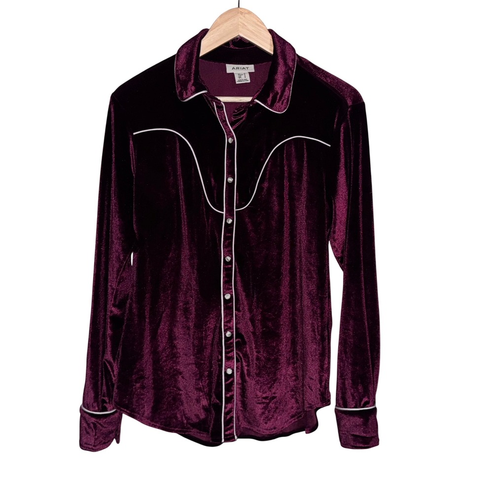 Ariat Burgundy Velvet Western Pearl Snap Shirt Womens Medium Cowgirl Rodeo Top - Picture 2 of 7